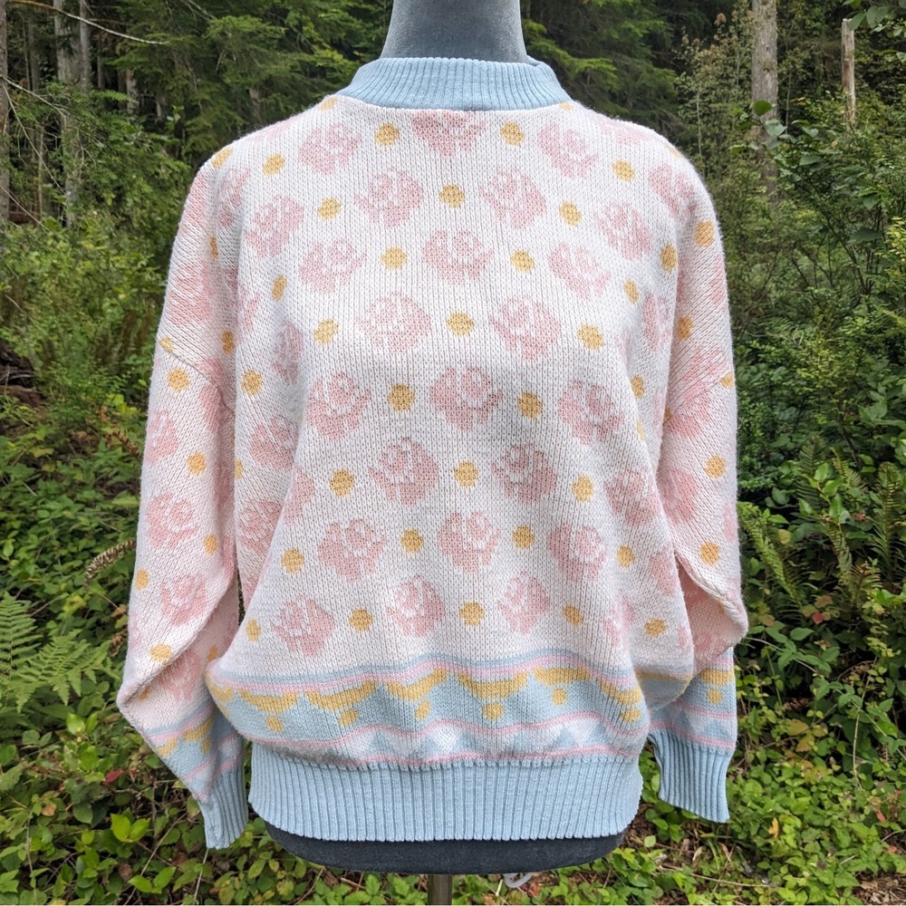 Vintage 80s Pastel Floral Rose Sweater XL Mock Neck Cottagecore Pullover Pink